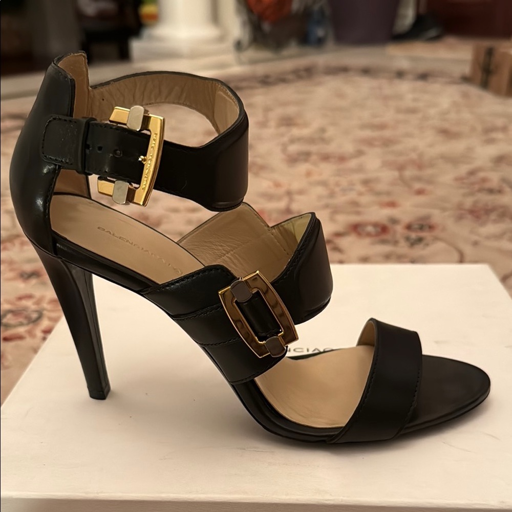 Balenciaga Sandal Pelle S. cuoio Veau Poli Black Women's Heels made in Italy 40 - Picture 2 of 9